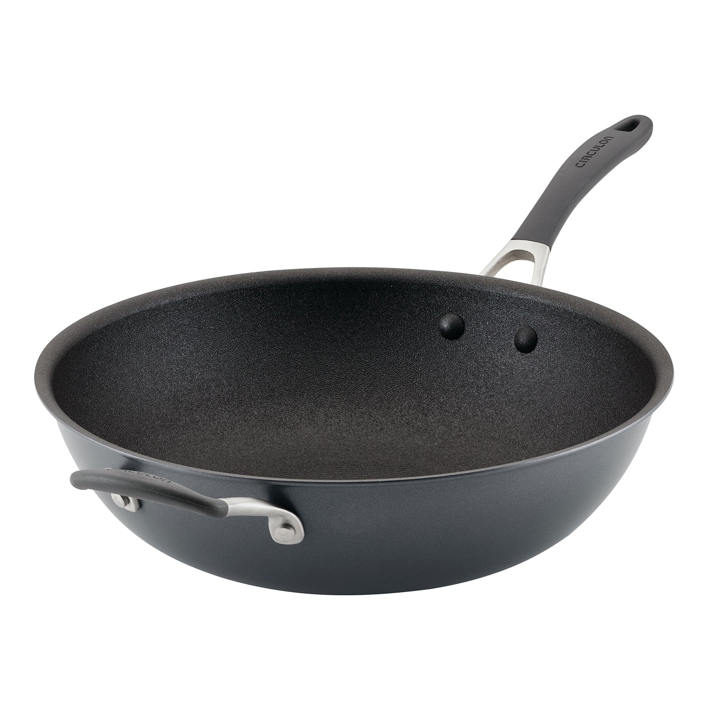 Diese antihaftbeschichtete Bratpfanne im Stil der WOK-PFANNE CIRCULON A1 SERIE 26 cm von Circulon verfügt über einen grauen Griff und einen zusätzlichen Gegengriff.