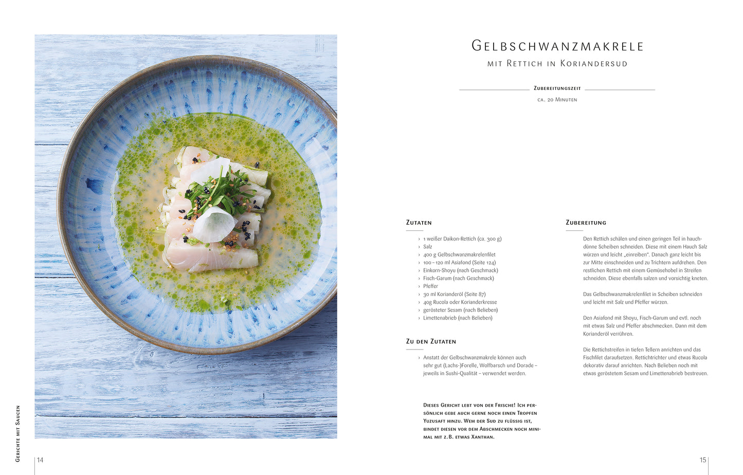 Links ein Teller mit Fisch in grüner Soße; Rezept mit dem Titel „Gelbschwanzmakrele mit Rettich in Koriandersud“ rechts, inspiriert von SAUCEN – DAS KOCHBUCH VON JENS RITTMEYER vom Matthaes – DK Verlag.