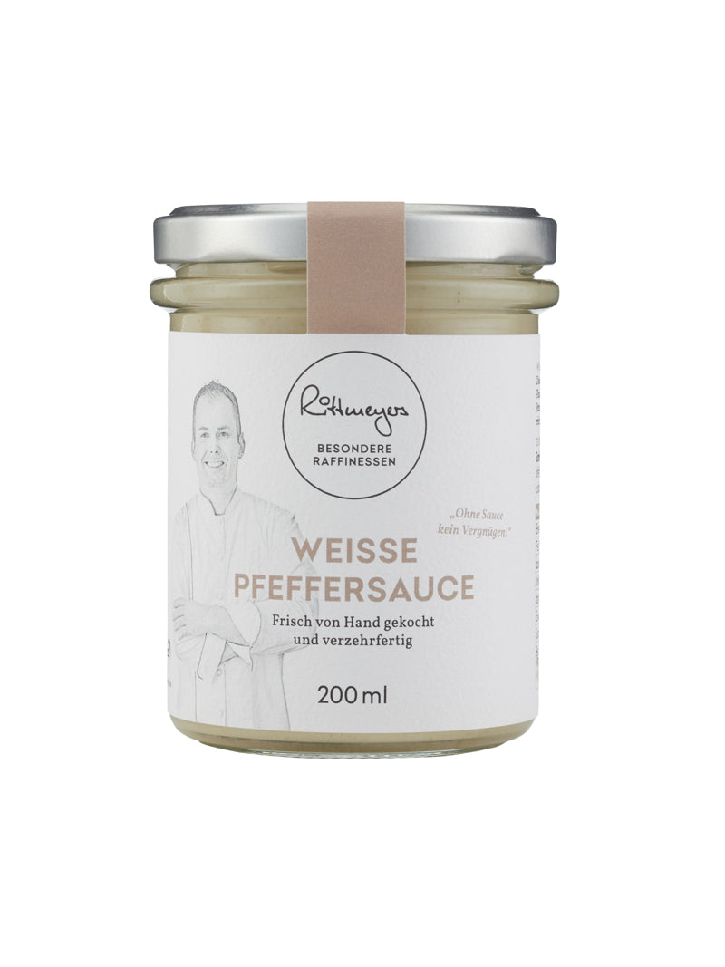 Die „RITTMEYERS GROSSE SAUCEN & BROT – BOX“ von Rittmeyer's enthält ein Glas Weiße Pfeffersauce, ideal zur Kombination mit Sauerteigbrot. Auf dem hellbraunen Etikett ist eine Kochillustration zu sehen, die an den Stil des No4 Restaurants erinnert. Enthält 200 ml.