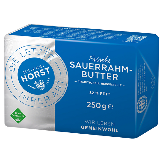 Blaue Packung Meierei Horst ECHTE Sauerrahmbutter, 250 g, 82 % Fett, handwerklich hergestellt, beschriftet ohne Gentechnik und Gemeinwohl.