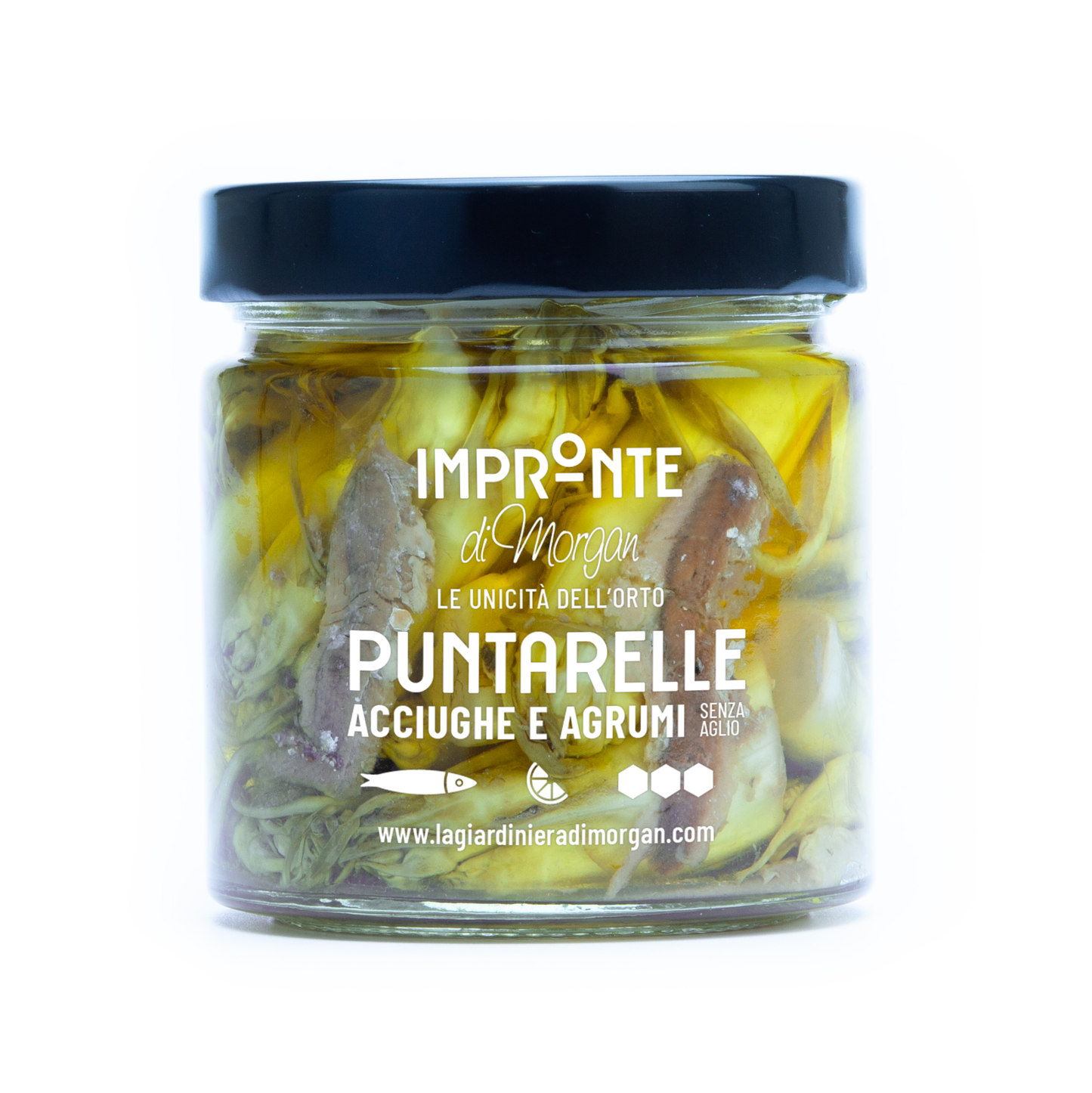 Ein Glas La Giardiniera de Morgan EINGELEGTE PUNTARELLE, auch Vulkanspargel genannt, mit Anchovis und Zitrusfrüchten in Öl, schwarzer Deckel und weißes Etikett.