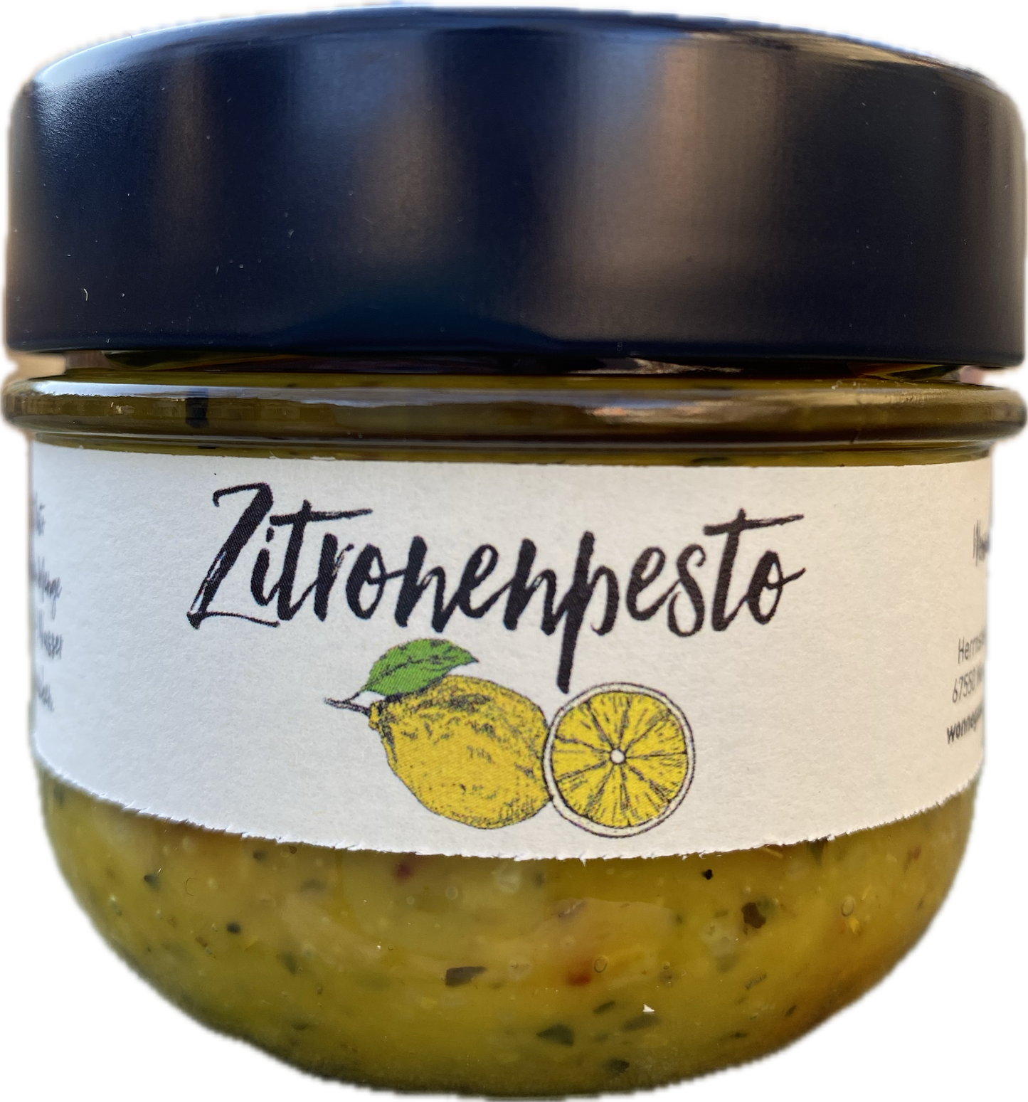 Ein Glas ZITRONEN PESTO der Wonnegauer Ölmühle verfügt über einen dunkelblauen Deckel und ein Etikett, das mit einer Illustration spanischer Zitronen und cremigen Mandelmusnoten verziert ist.