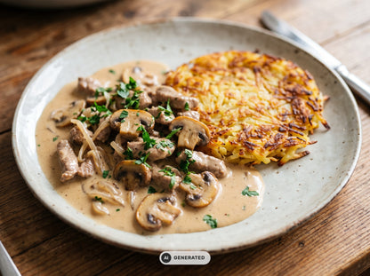 Kalbsgeschnetzeltes mit Champignons in Kalbsrahmsauce, dazu knusprige Rösti