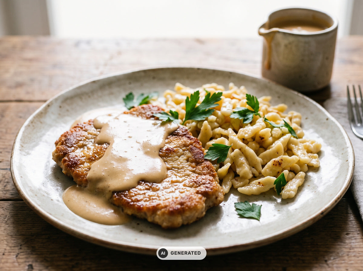 Kalbsschnitzel mit Spätzle und Kalbsrahmsauce, garniert mit frischer Petersilie
