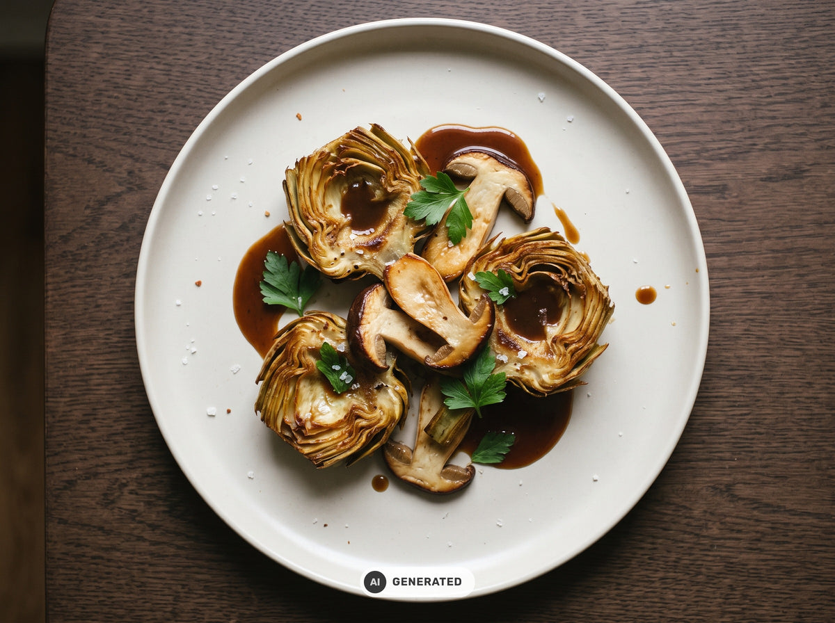 Gebratene Artischockenböden mit Steinpilzen und dunklem Steinpilzjus
