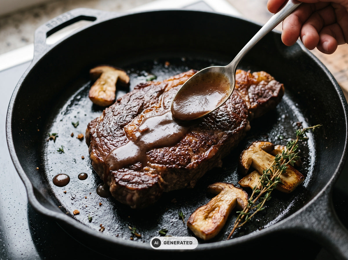 Entrecôte in der gusseisernen Pfanne wird mit Steinpilzjus glasiert, daneben gebratene Steinpilze und Thymian