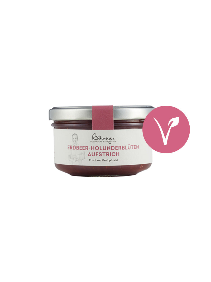 Glas Rittmeyers Besondere Raffinessen ERDBEER-HOLUNDERBLÜTEN-AUFSTRICH mit einem rosa veganen Symbol auf weißem Hintergrund.